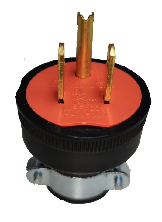 Omni 15A rubber plug with ground featuring durable gold prongs for secure electrical connections