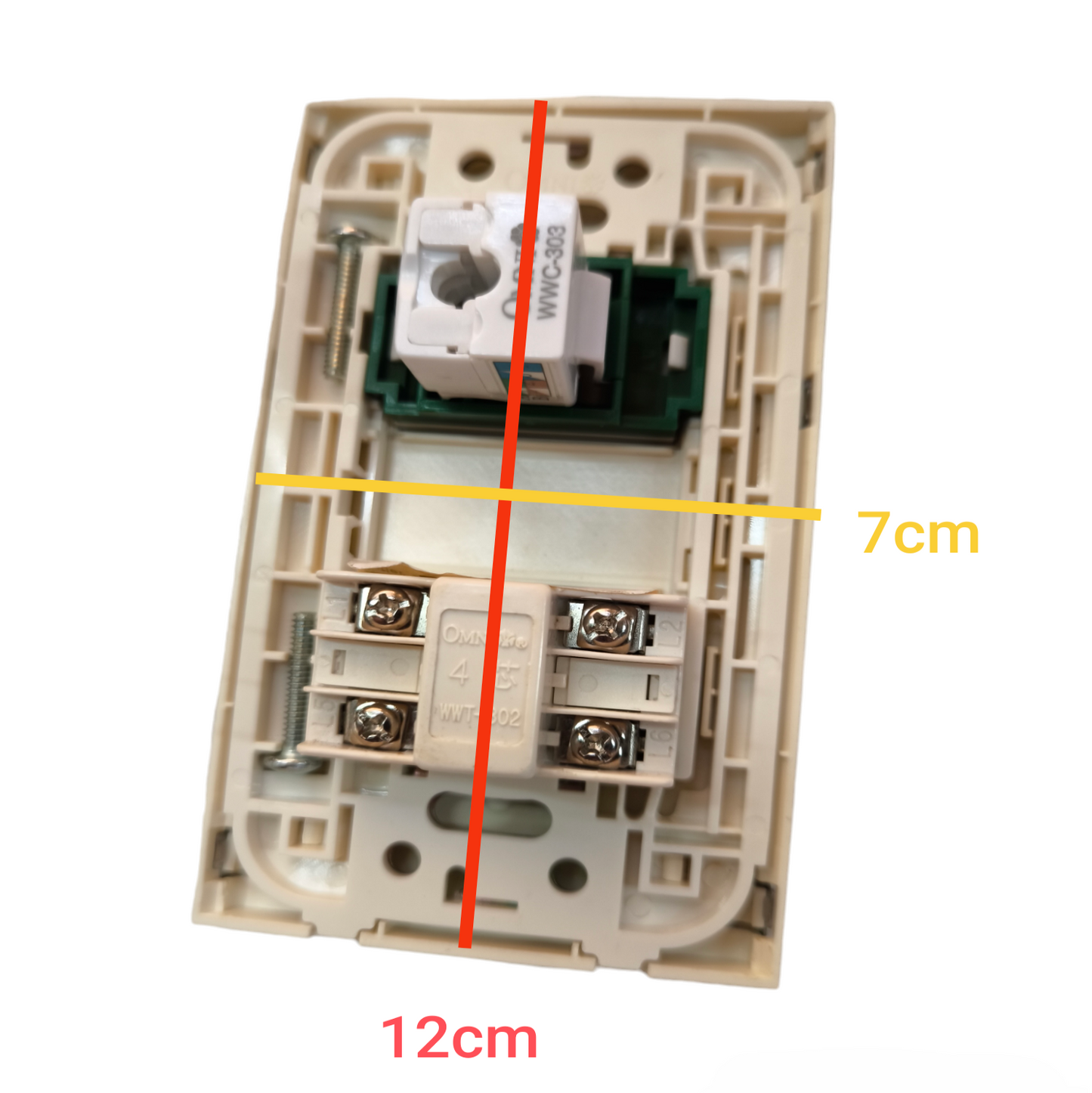 Omni 2 gang LAN and telephone outlet with beige plastic mounting plate showing screw terminals