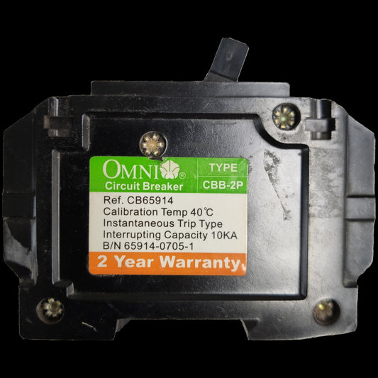 Omni 2 pole bolt-on circuit breaker 15A with 10KA interrupting capacity and a 2-year warranty