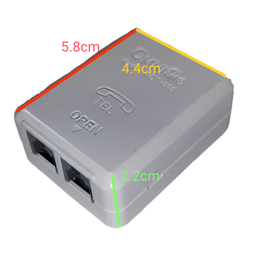 Omni 2 telephone outlet modular box in white with labeled dimensions for easy installation