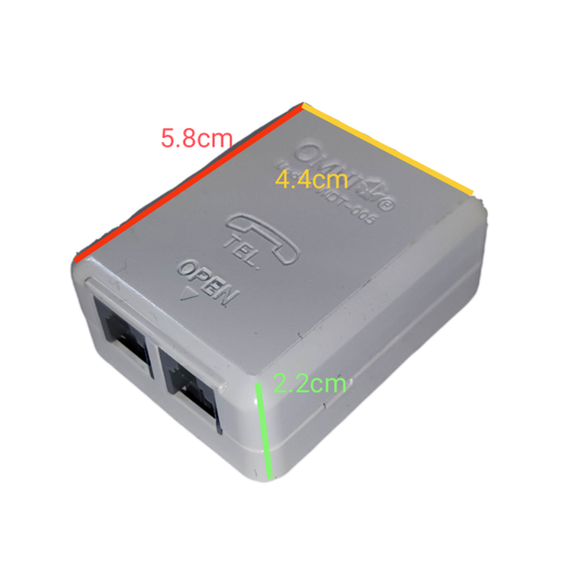 Omni 2 telephone outlet modular box in white with labeled dimensions for easy installation