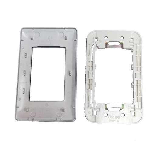 Omni 3 gang device plate cover in white plastic showing front and back views for power points switches and plugs