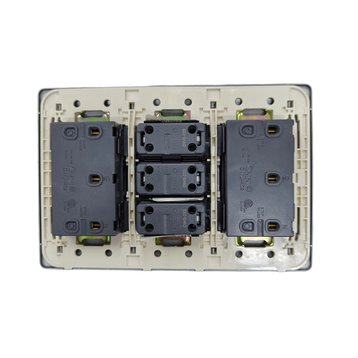 Omni 3 gang switch with 4 gang universal outlet for convenient power access in homes and offices