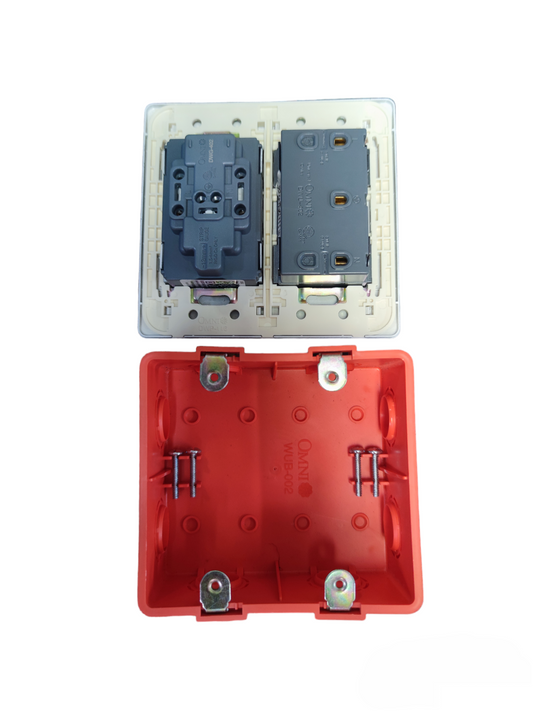 Omni 4 Gang Duplex Universal Outlet with red mounting box and dual socket design