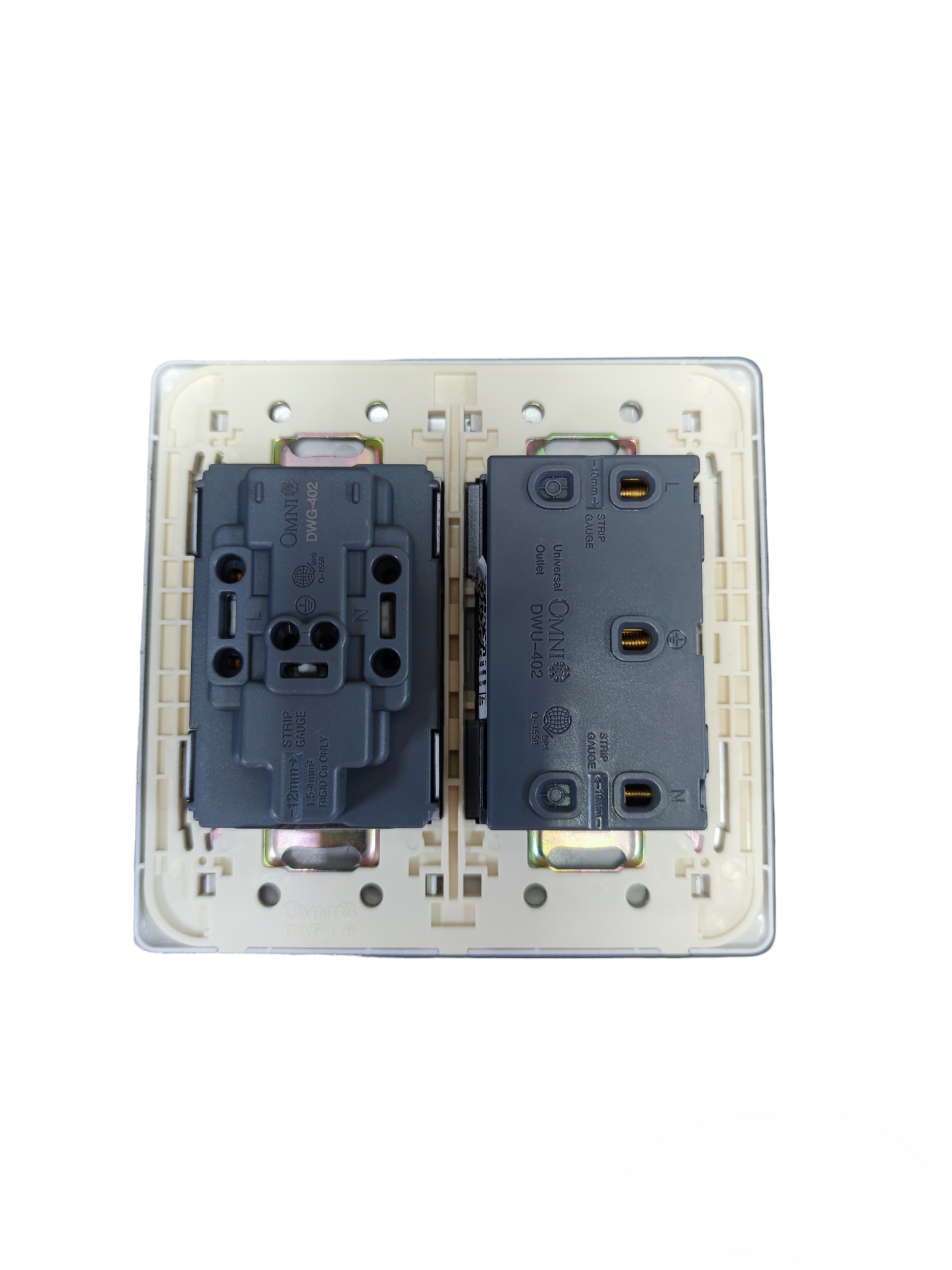 Omni 4 Gang Duplex Universal Outlet showing back side wiring terminals and mounting frame