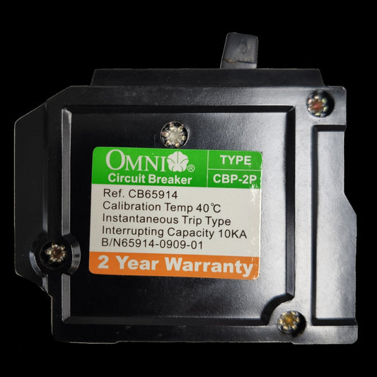 Omni 60A 2 pole circuit breaker Plug in with calibration temp and warranty details