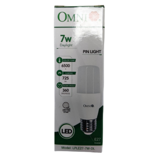 Omni 7W LED Stick Bulb E27 Daylight in packaging with energy-efficient design and 360-degree beam angle
