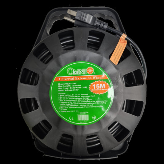 Omni 15M Universal Extension Wheel extension cord with safety breaker and durable black casing