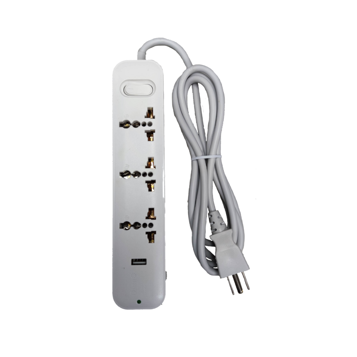 Omni extension cord with USB featuring multiple universal outlets and long white power cord