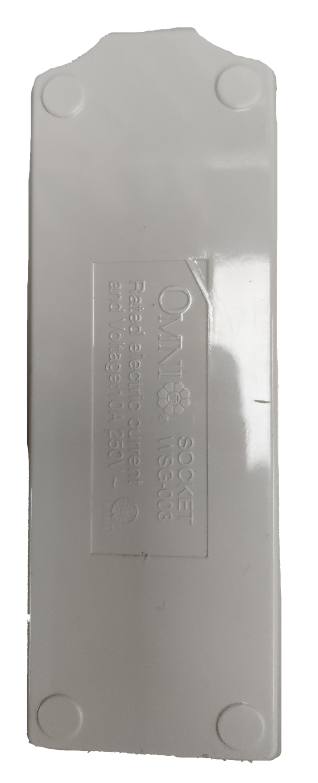 White Omni extension surface type outlet cover with embossed branding and model details