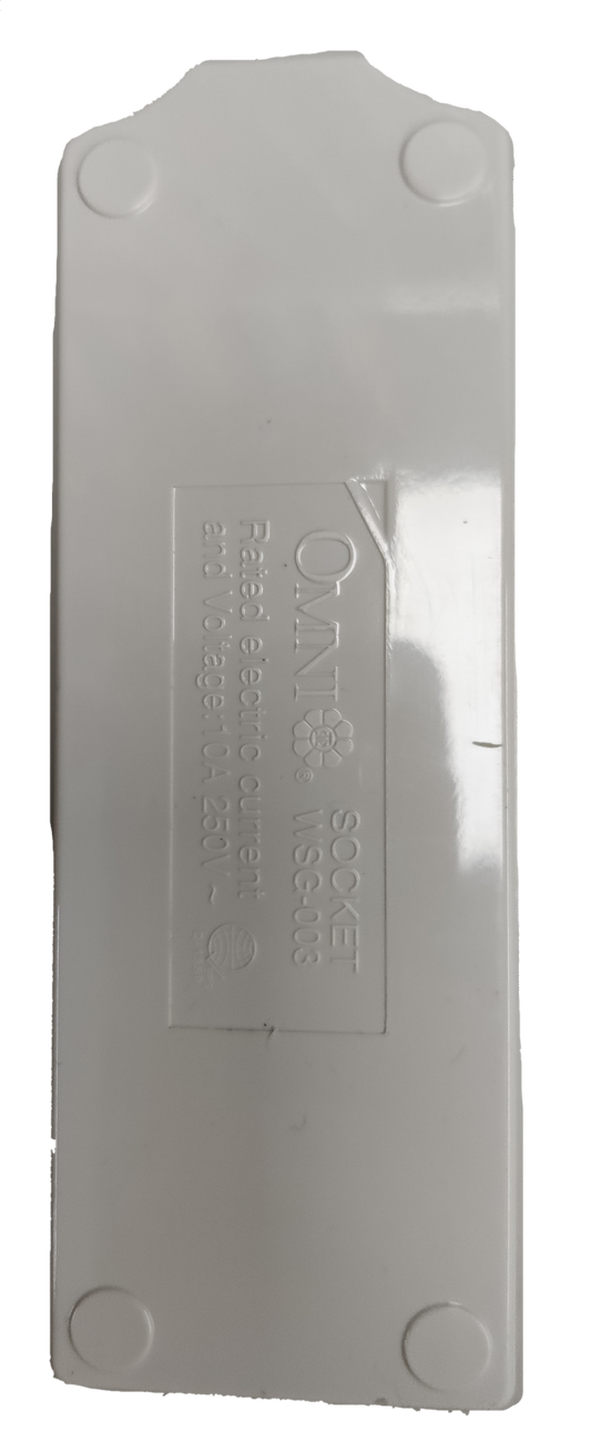 White Omni extension surface type outlet cover with embossed branding and model details