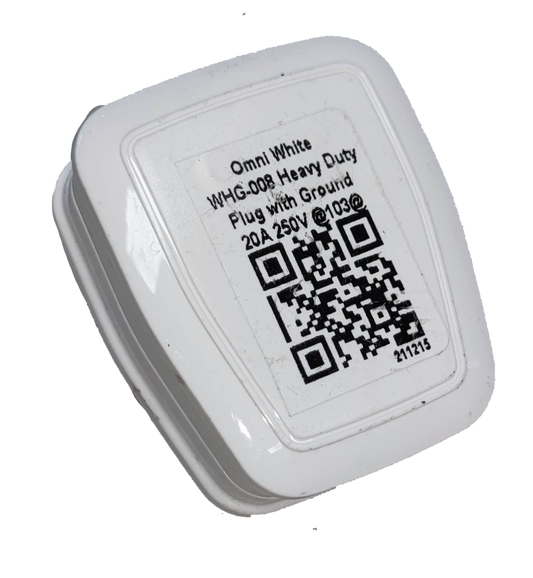 Omni flat pin plug WHG-008 20A 250V with a white casing and informative label on the back