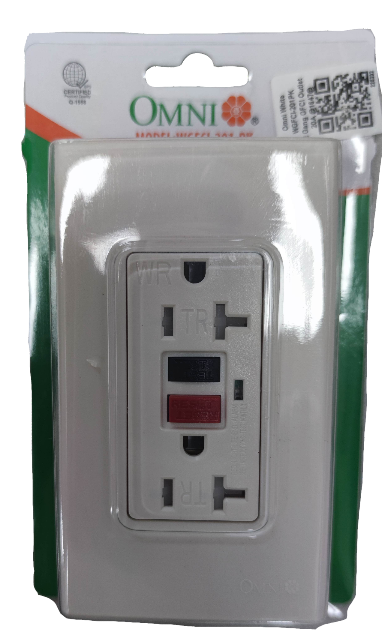 Omni GFCI outlet 20A 220V packaged for safety and reliability in electrical installations