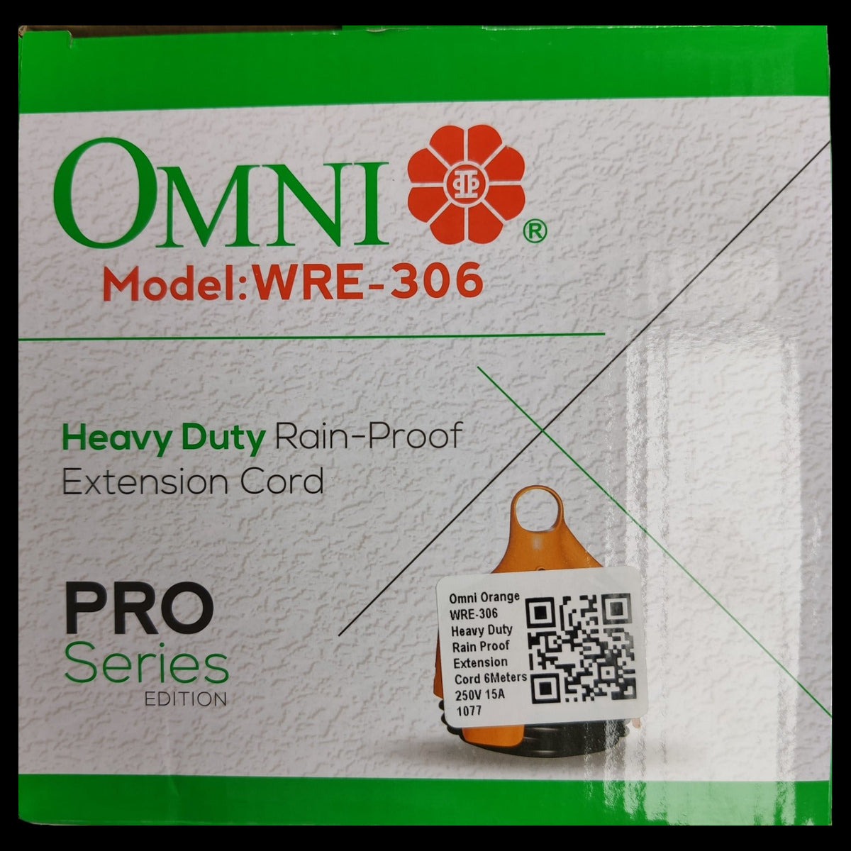 Omni heavy duty rain-proof extension cord WRE-306 Pro Series model packaging with product details