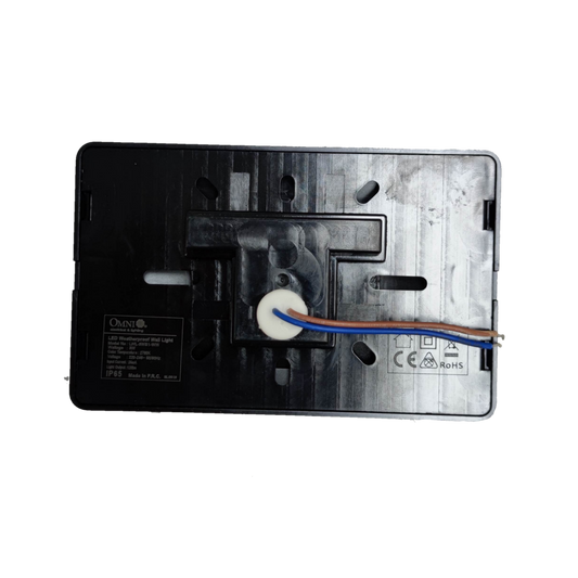 Back view of Omni LED wall light IP65 LWL-3WS1-WW showing wiring and mounting details
