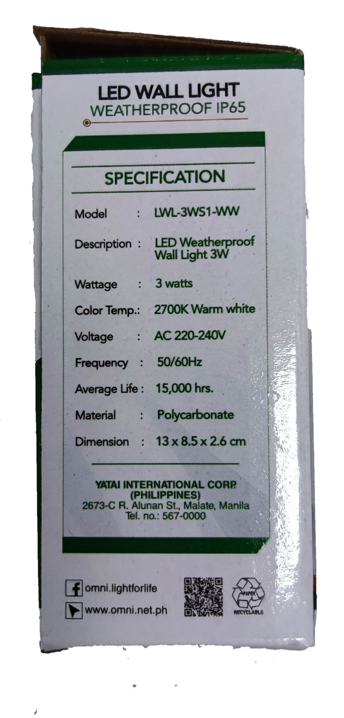 Omni LED wall light IP65 LWL-3WS1-WW with 3W power and weatherproof design for outdoor use