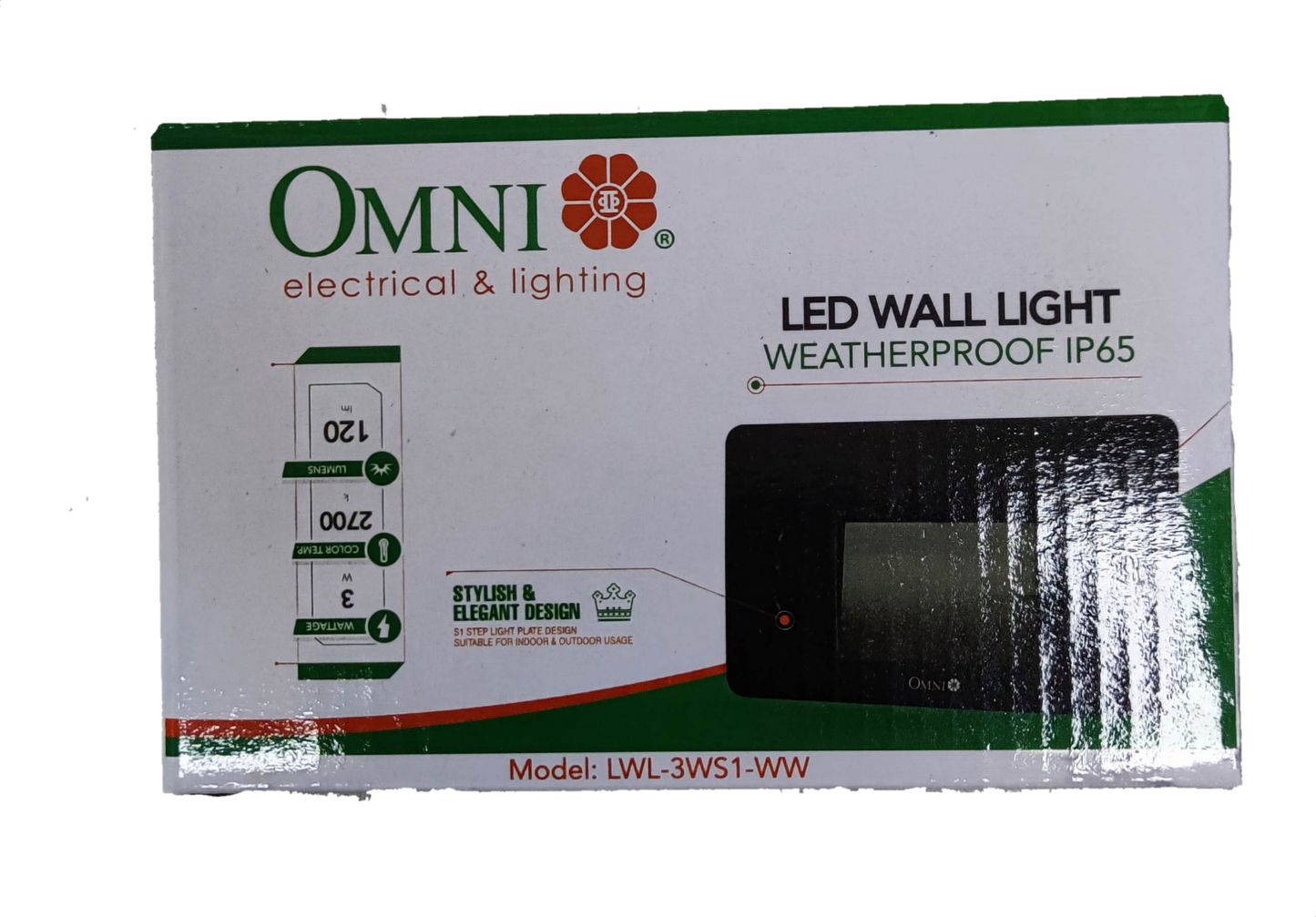 Omni LED wall light IP65 LWL-3WS1-WW packaging featuring elegant design and waterproof features