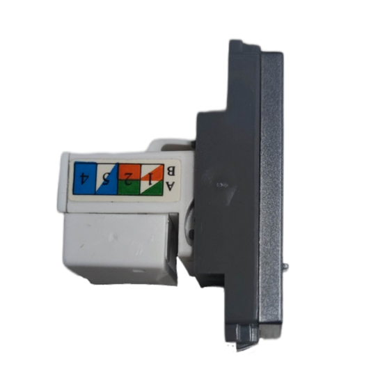 Omni LAN outlet device side view showing RJ45 keystone jack with color coded wiring diagram and silver faceplate