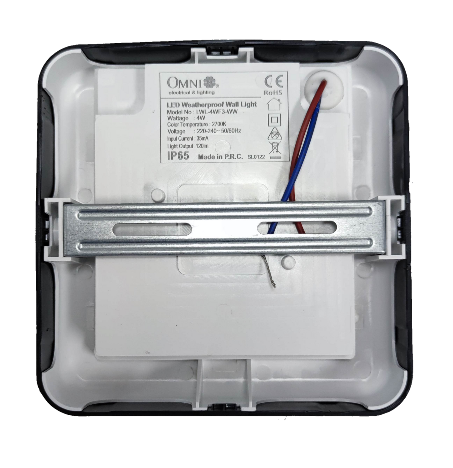 Omni weatherproof outdoor LED wall light Square 2700K with durable back panel and wiring setup