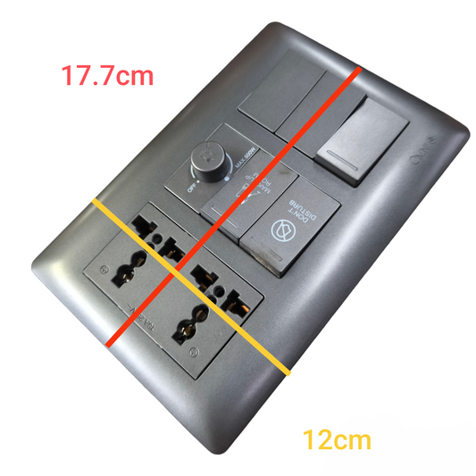 Omni Duplex Universal Outlet With Make up Room in black with multiple sockets and switches