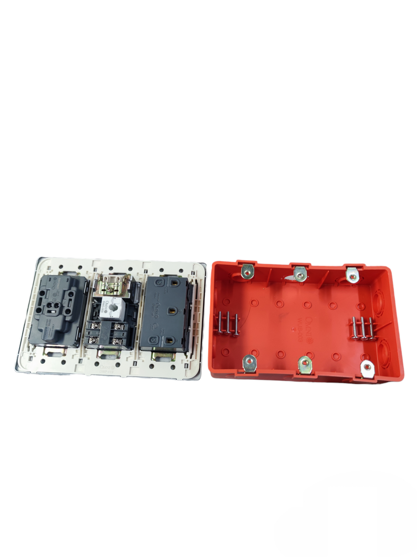Omni combo lan telephone tv electrical outlet with red protective back cover for installation