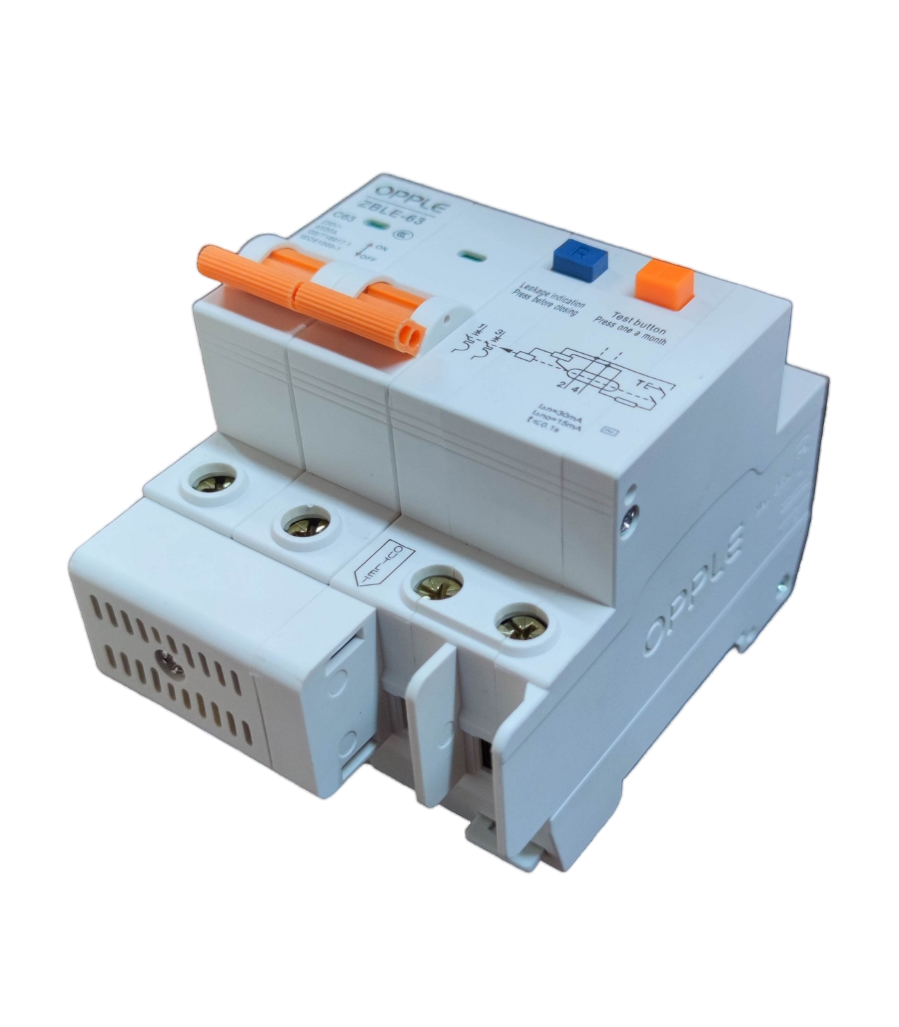 Opple Residual Current Breaker with Over-Current in white with orange and blue switches for electrical safety