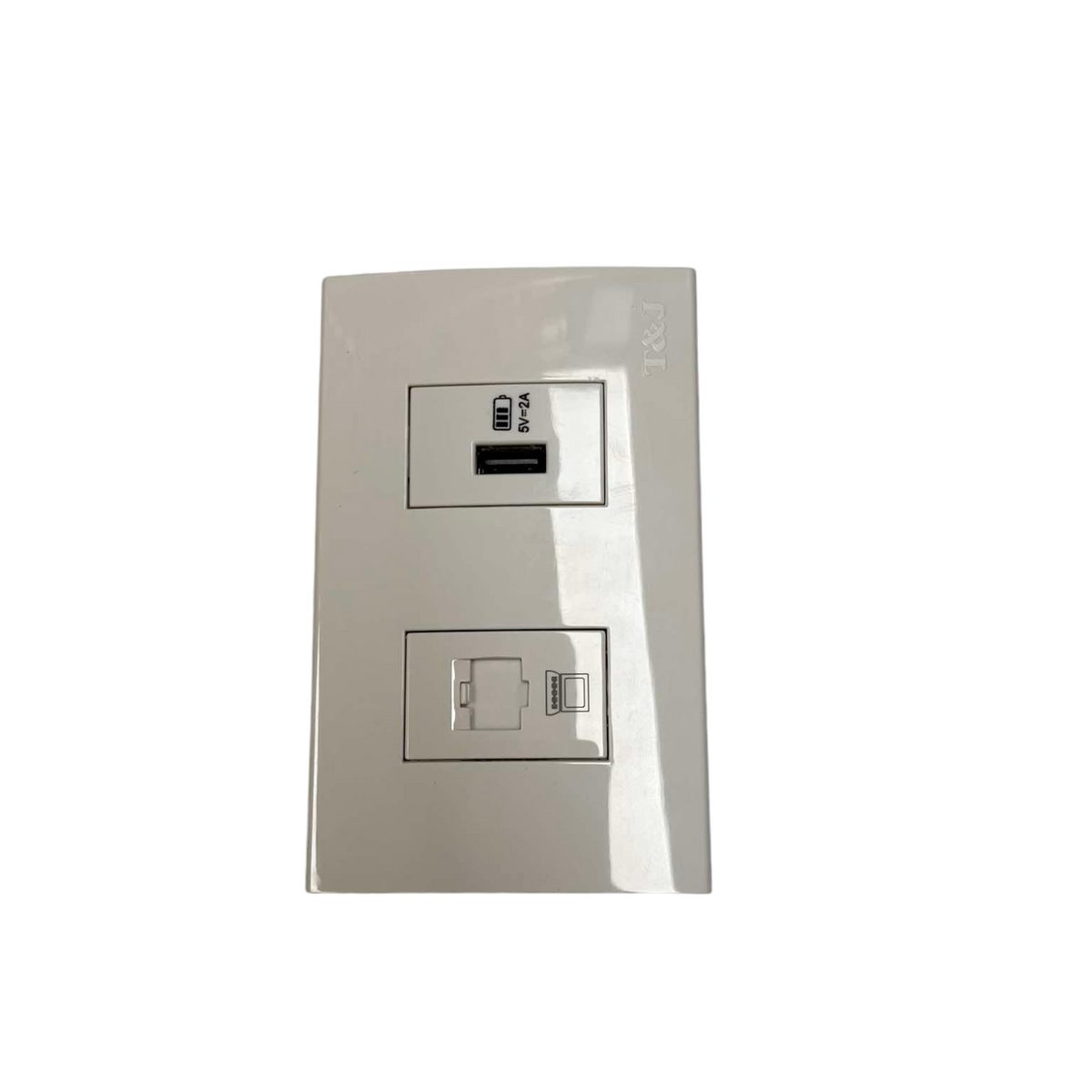 T and J white wall plate 2 gang LAN outlet with USB charger featuring single USB A port and RJ45 network socket for home or office