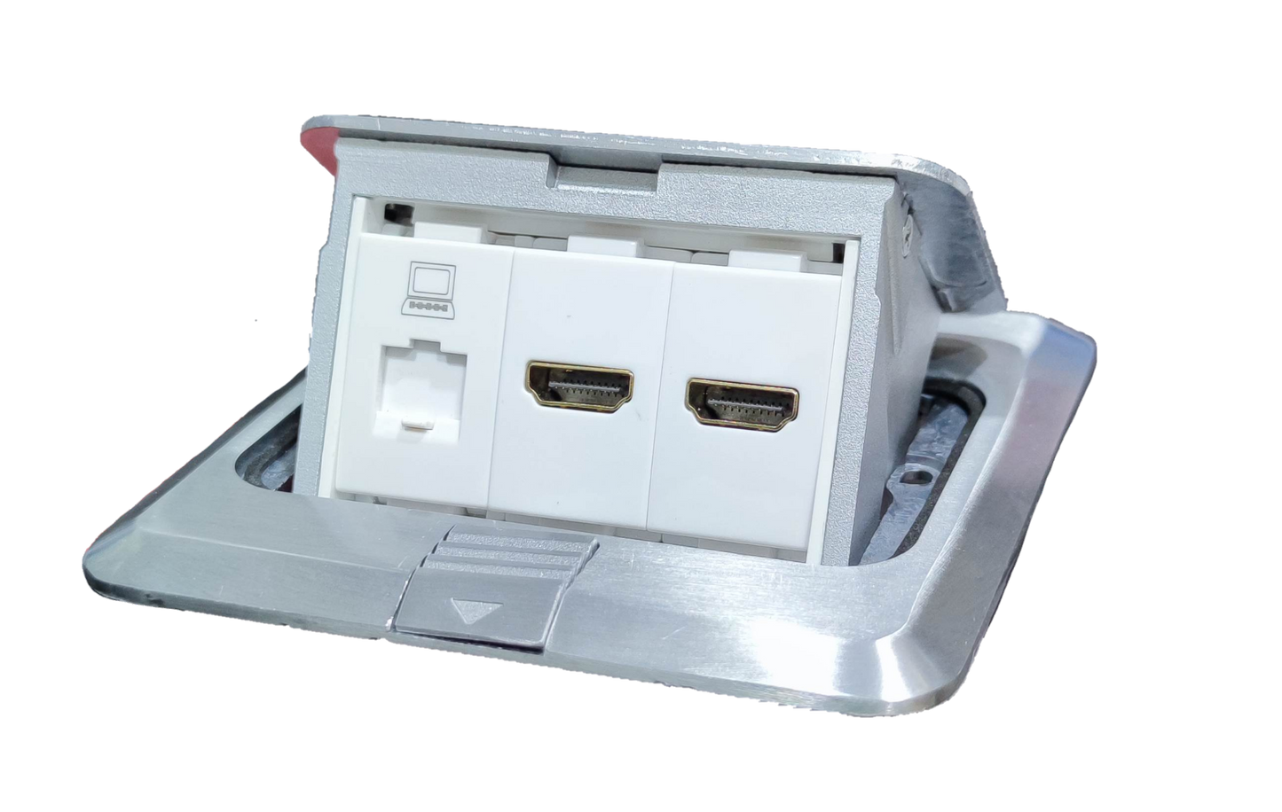 TJ brushed steel floor outlet box showing Floor Outlet HDMI, HDMI, DATA with two HDMI and data jack