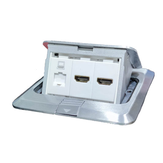 TJ brushed steel floor outlet box showing Floor Outlet HDMI, HDMI, DATA with two HDMI and data jack
