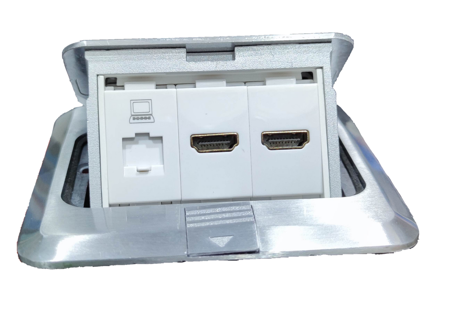 T and J floor outlet with two HDMI ports and RJ45 data jack Floor Outlet HDMI, HDMI, DATA for AV installations