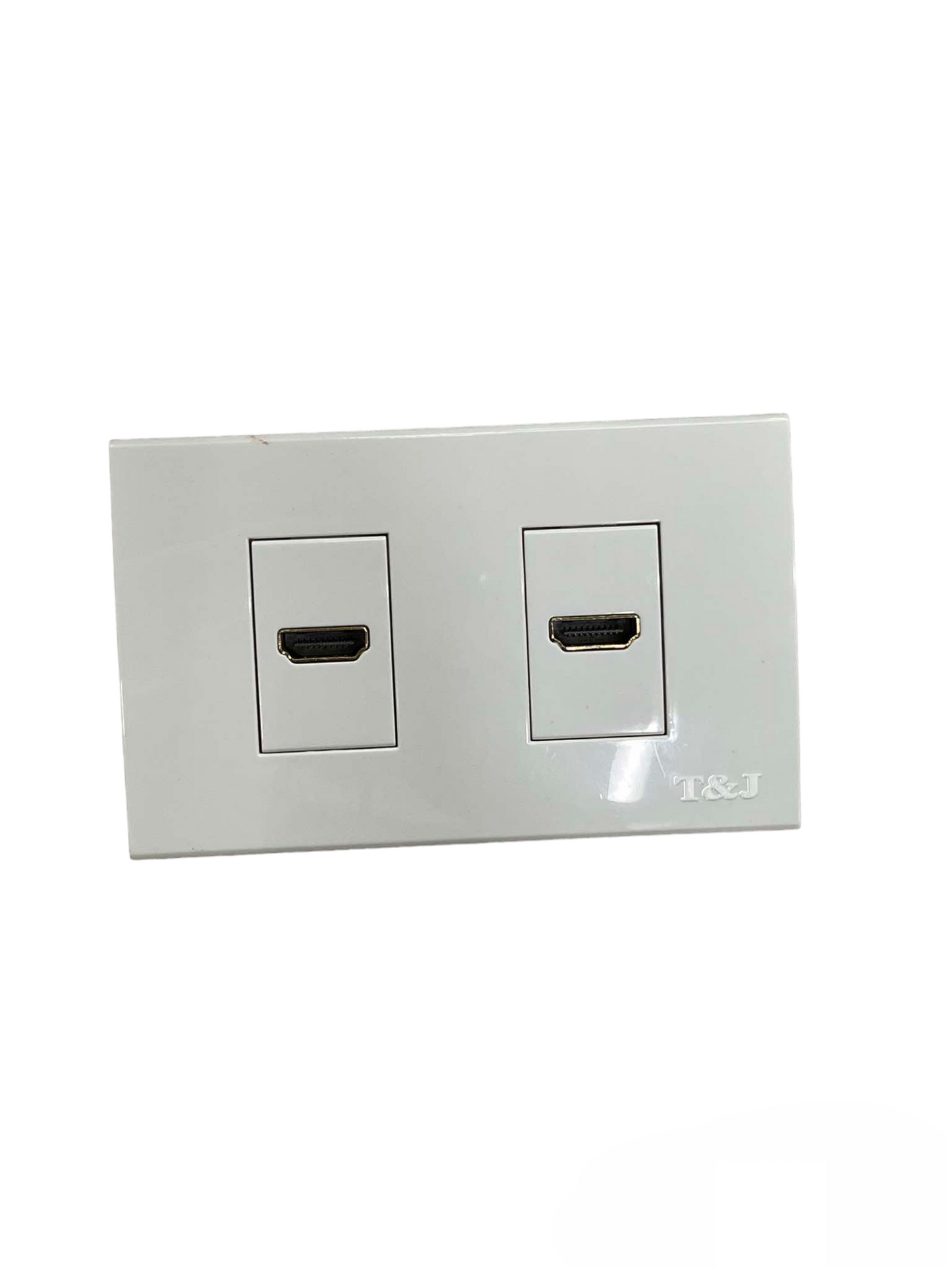 T&J HDMI Outlet with Plate Cover featuring dual ports for high-definition multimedia connection