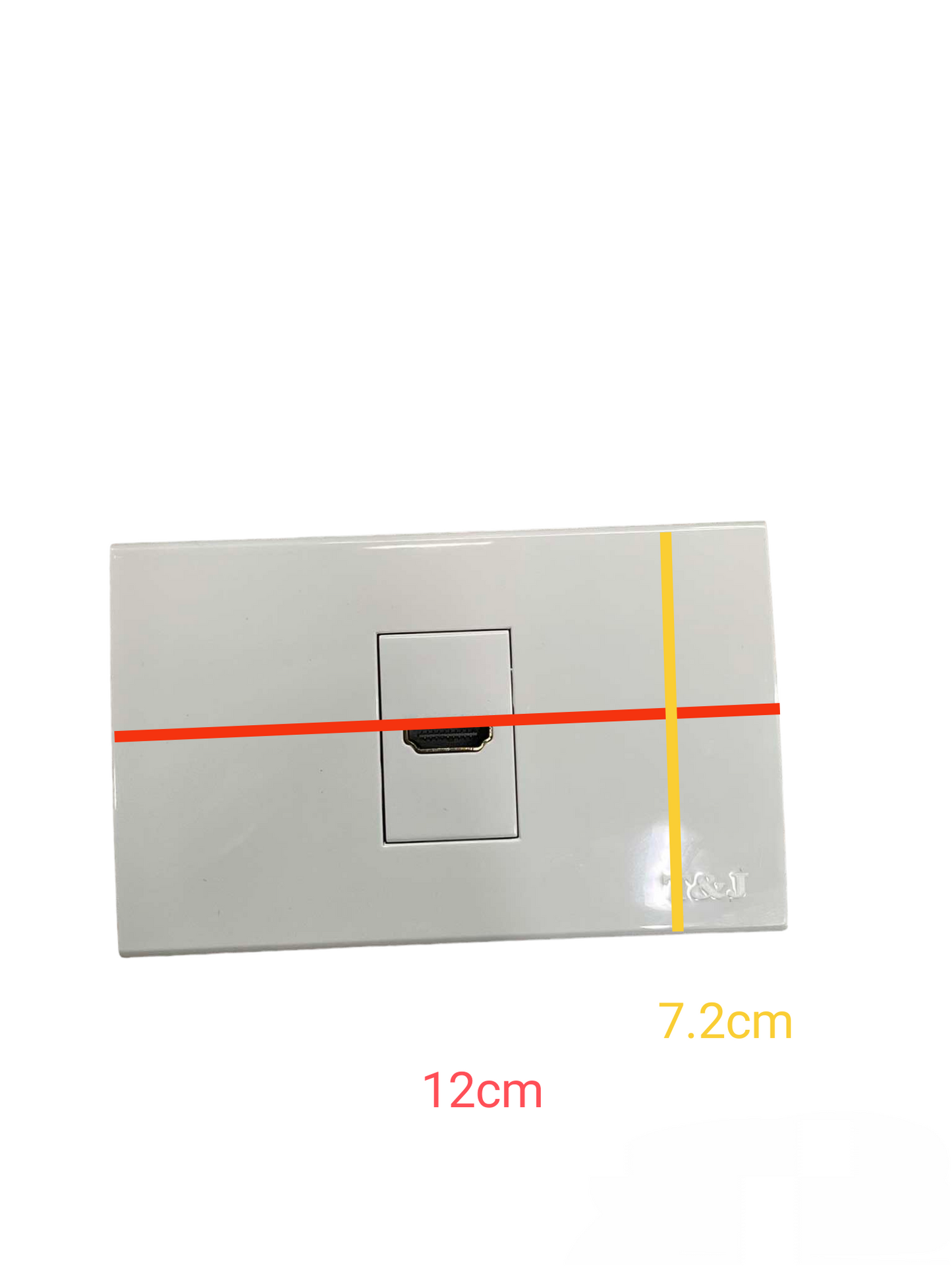 T&J HDMI Outlet with Plate Cover in white with precise dimensions for wall installation
