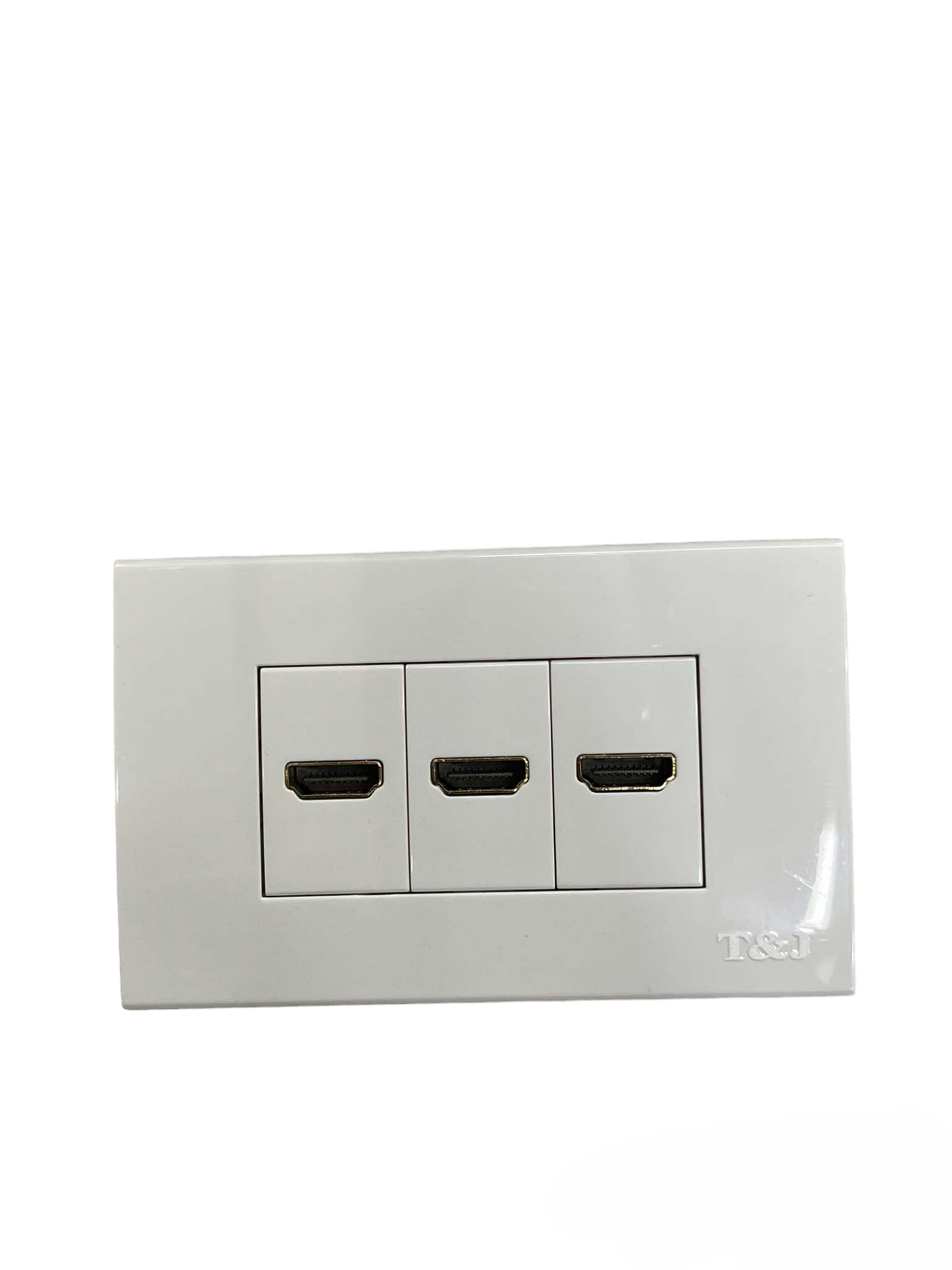 T&J HDMI Outlet with Plate Cover featuring three HDMI ports in a white rectangular panel