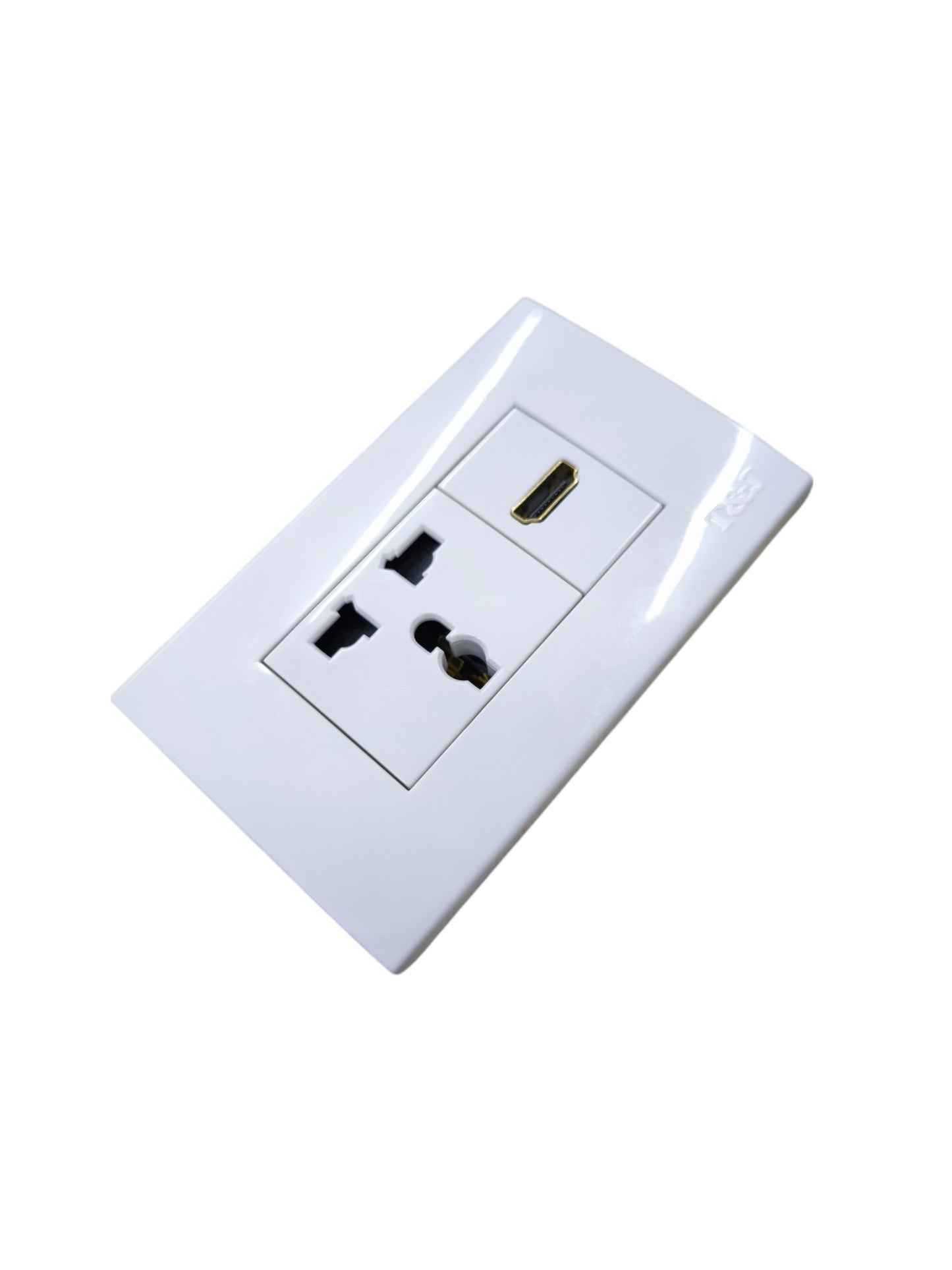 T&J white universal outlet with HDMI port and multi-plug socket for power points and switches
