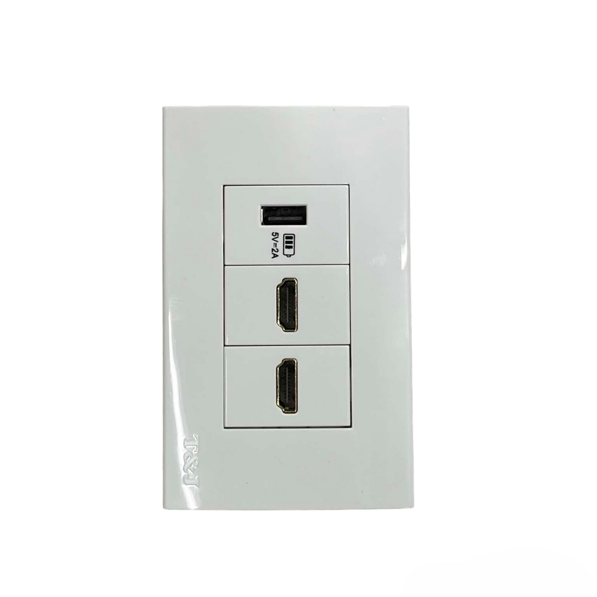 T&J 3 Gang Outlet with 2 HDMI Outlet and 1 USB-A Outlet in white wall plate for multimedia connections