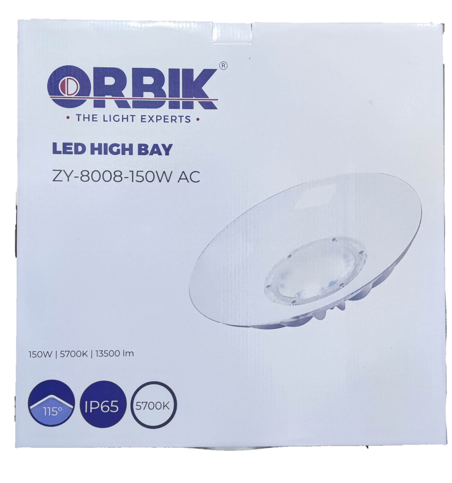 Orbik 150W LED high bay light 5700K Daylight 220V with a 13500 lumen output and IP65 rating