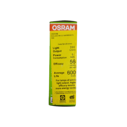 Osram 5W CFL 220V 2U Warm White compact fluorescent bulb packaging with lamp specifications