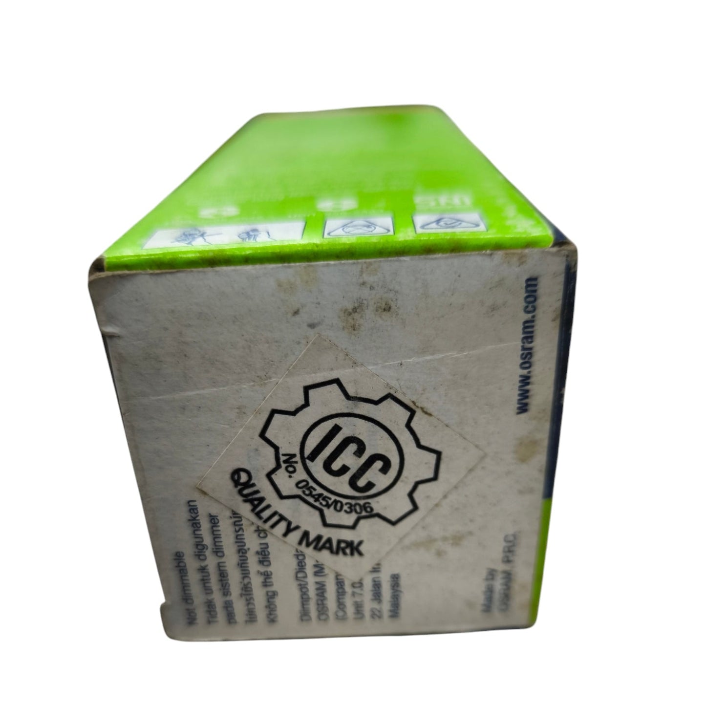 Osram Compact Fluorescent Lamp 11W E27 packaging box showing quality mark label