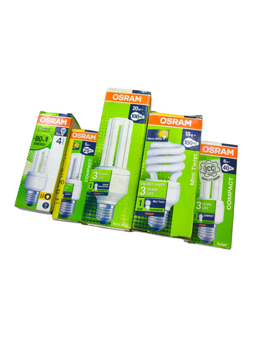 Osram Compact Fluorescent Lamp 18W E27 220V and other energy-saving CFL bulbs in retail packaging