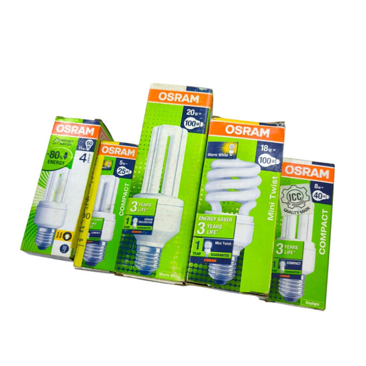 Osram Compact Fluorescent Lamp 18W E27 220V and other energy-saving CFL bulbs in retail packaging