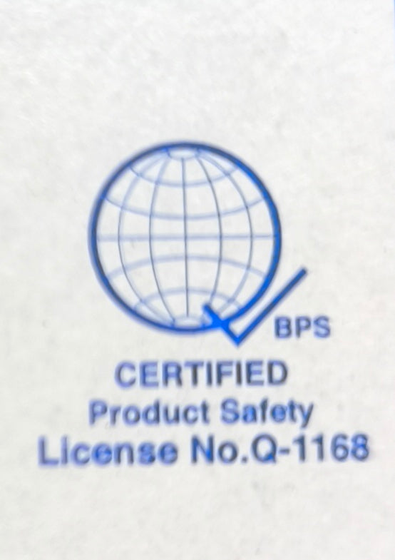 Panasonic packaging certification label showing BPS certified product safety license for 1 Way Switch 2 Gang Wide Series