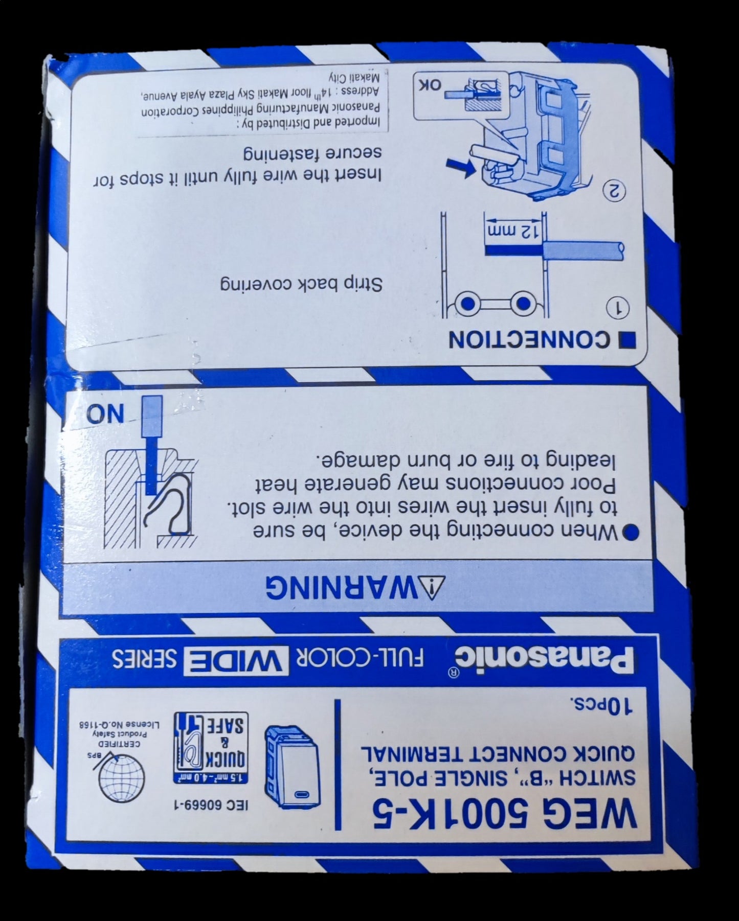 Panasonic 1 Way Switch Wide Series WEG5001K-5 packaging box with wiring diagram and connection instructions