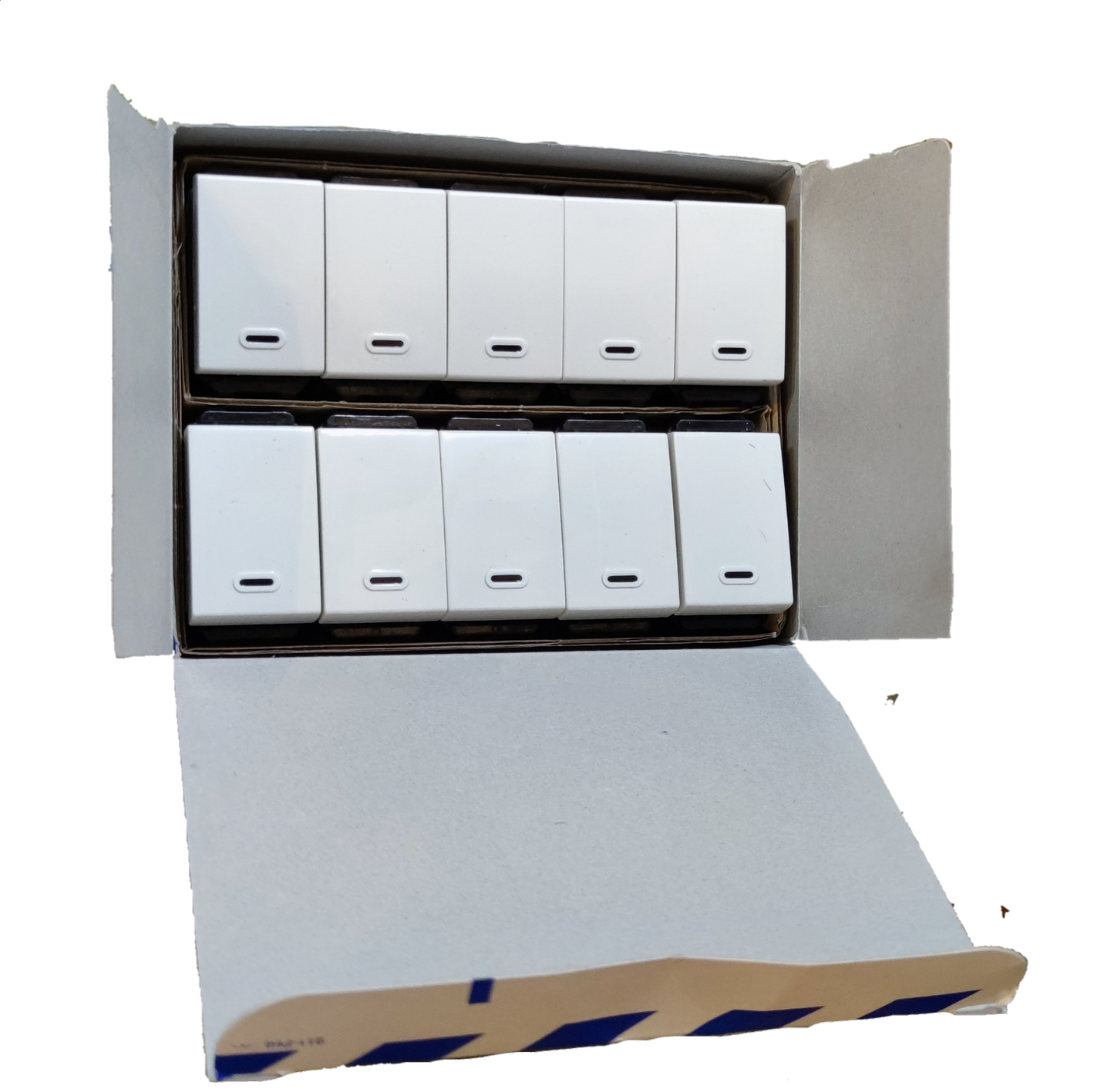 Panasonic 1 Way Switch Wide Series WEG5001K-5 white wall switches packed in open cardboard box in two rows