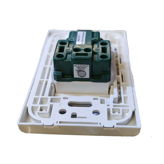 Panasonic 16A 250V quick connect outlet module mounted on white plastic wall plate frame for power points