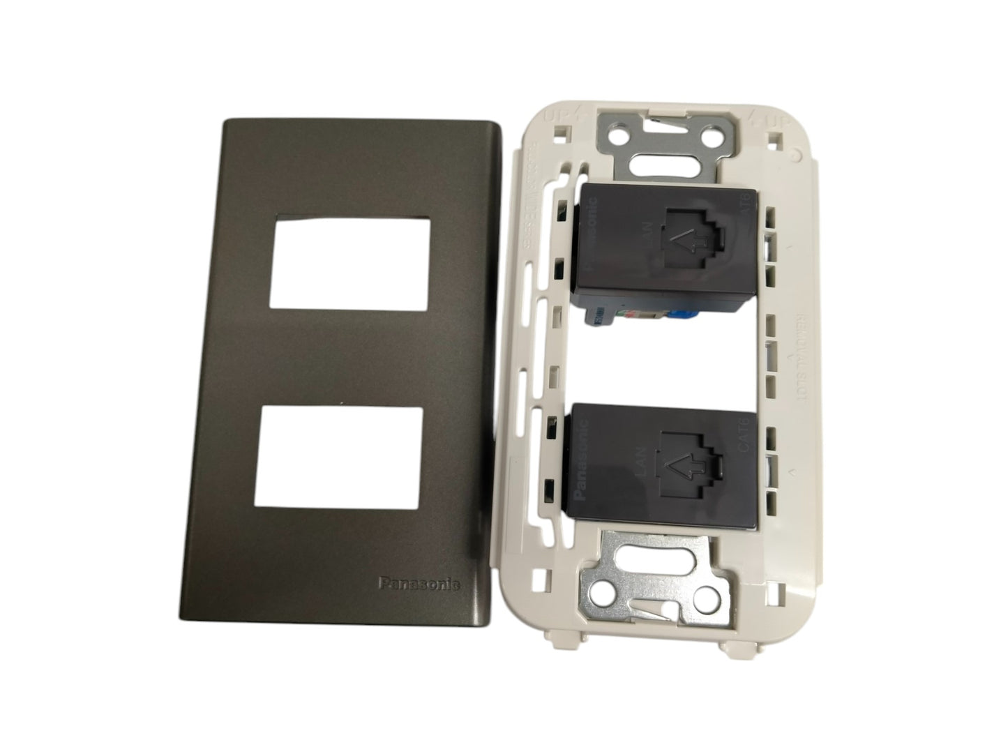 Panasonic 2 gang data outlet with black faceplate and dual ports for network connections