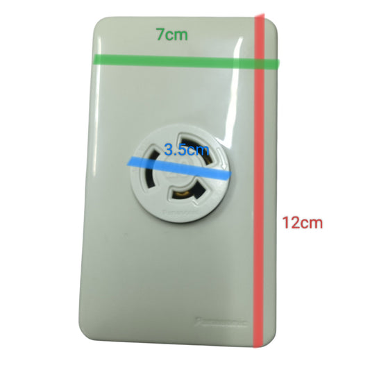 Panasonic white wall plate with 2 pole 3 wire twist lock socket 20A recessed round outlet showing dimensions