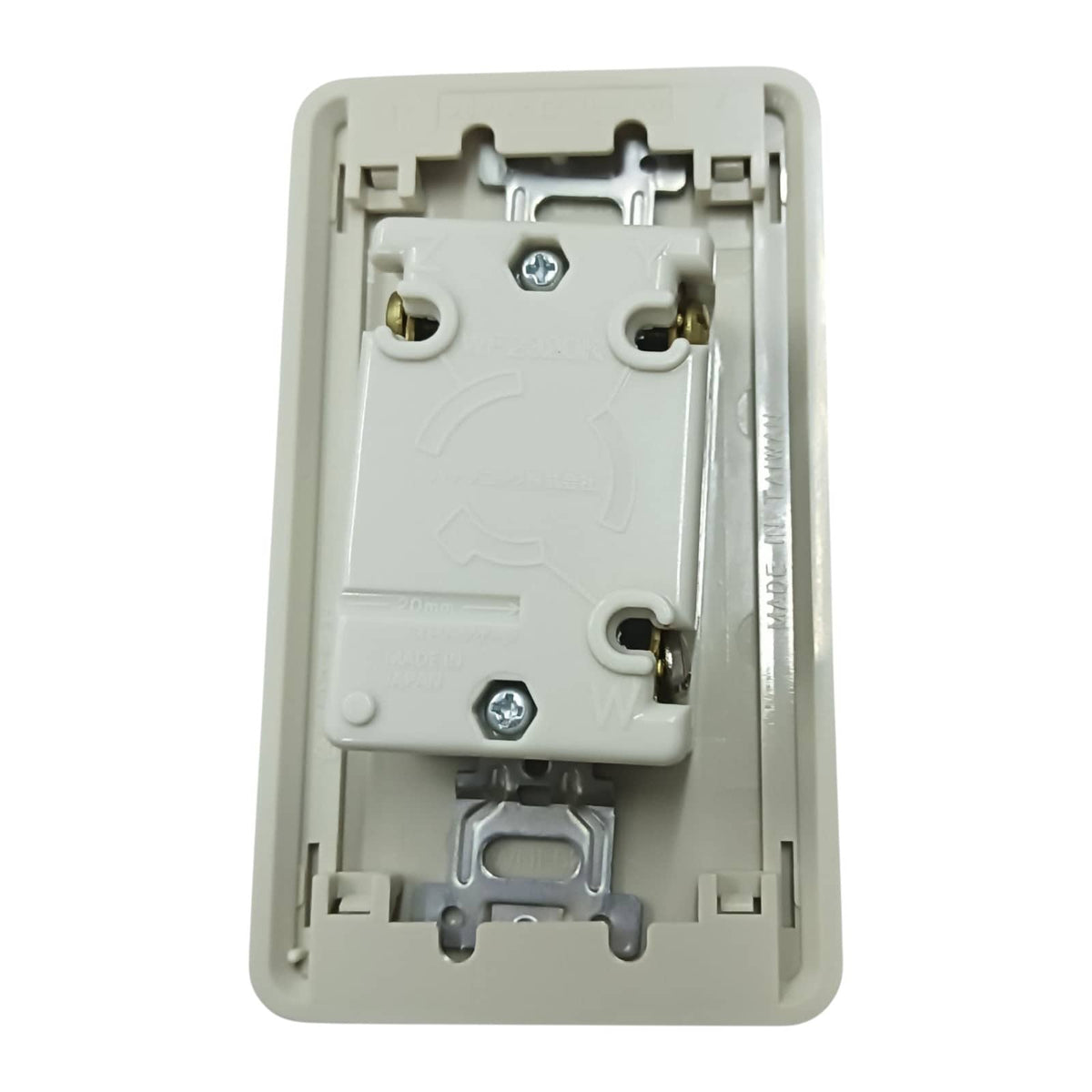 Beige wall switch plate with screws on a white background Panasonic 20A Twist Lock Outlet with Plate Cover 2P+E (3P) 250V (ML-3) WF2320 and WNF6253W-8, Twistlock