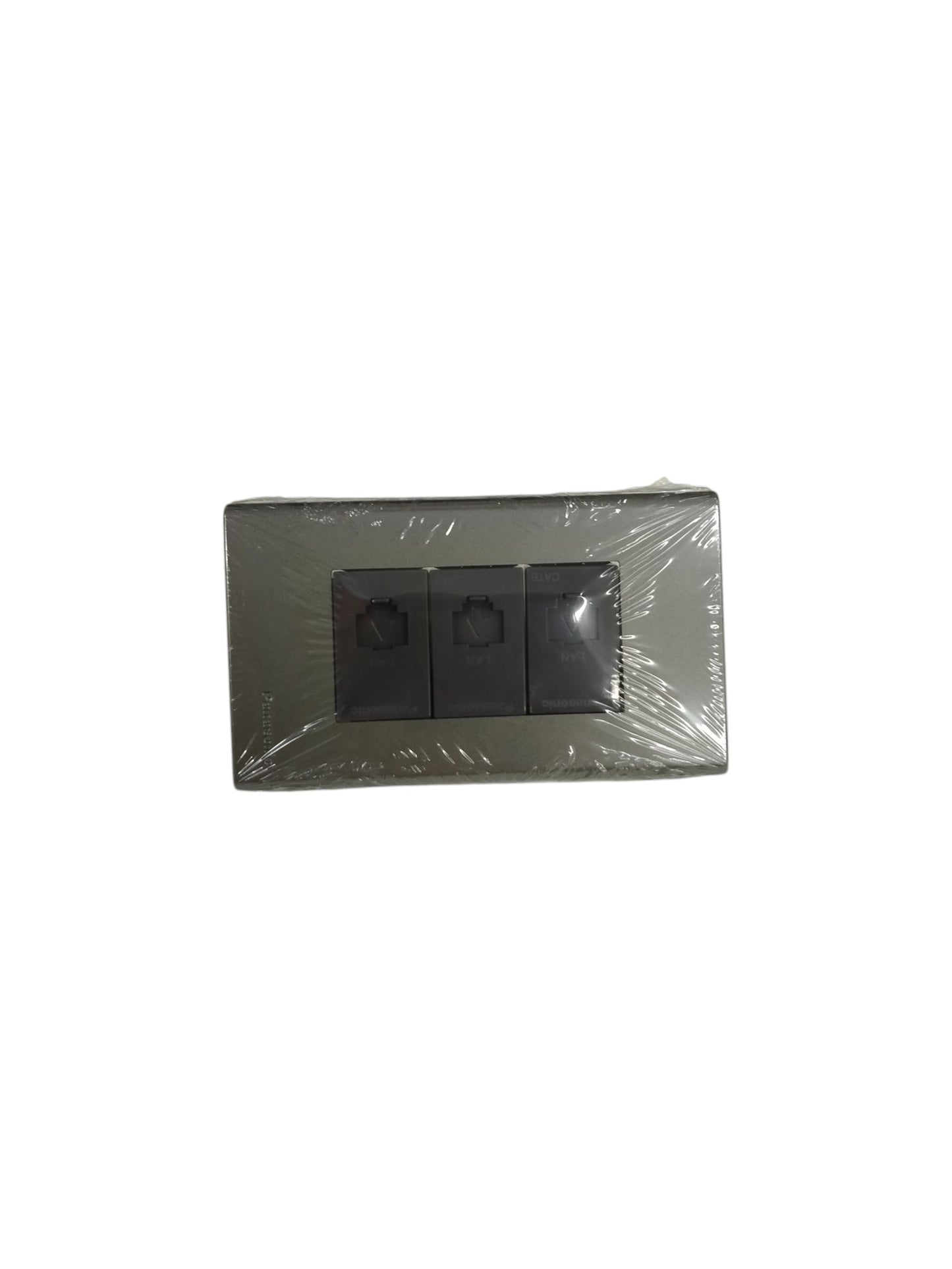 Panasonic 3 Gang CAT6 Data Modular Jack power point with three black ports in a silver frame