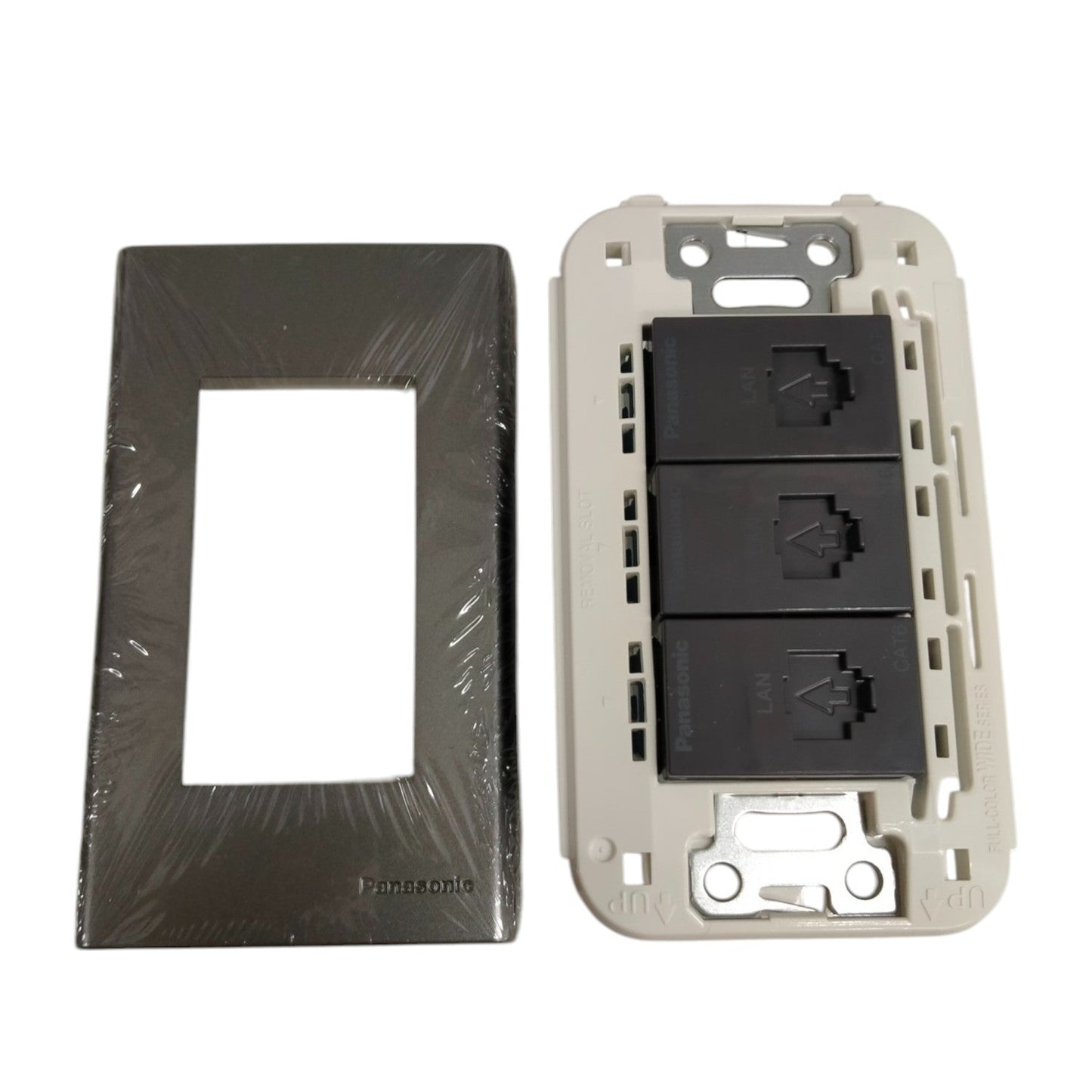 Panasonic 3 Gang CAT6 Data Modular Jack with black cover and white mounting frame for power points and switches