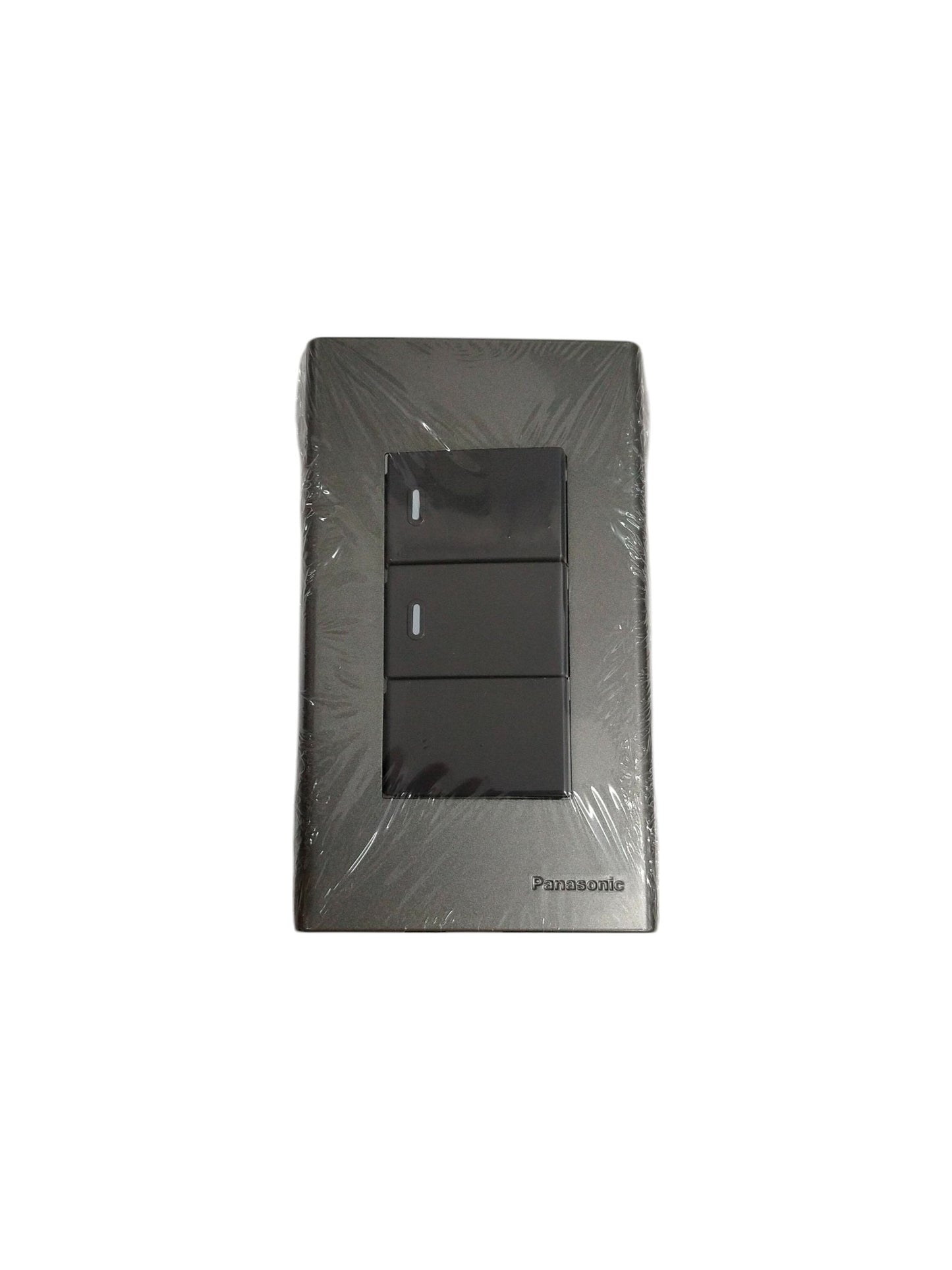 Panasonic 3 gang switch in sleek black design with rectangular buttons for power control
